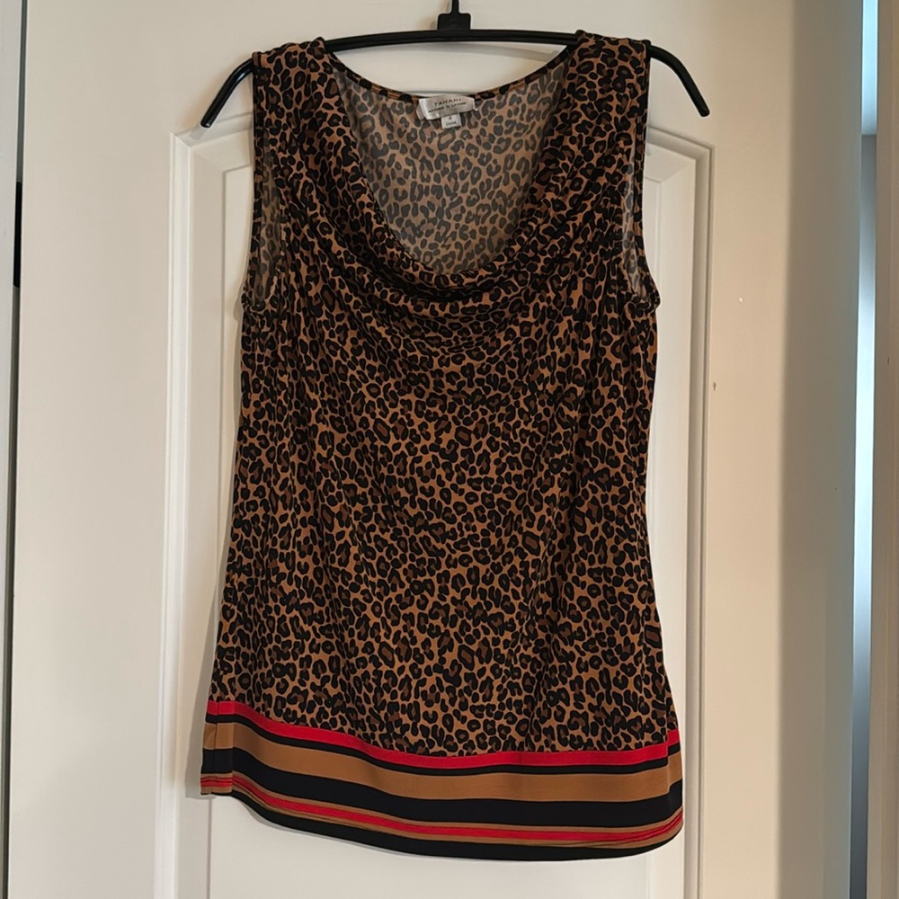 Tahari ASL Leopard Print Cowl Neck Sleeveless Stretch Blouse
